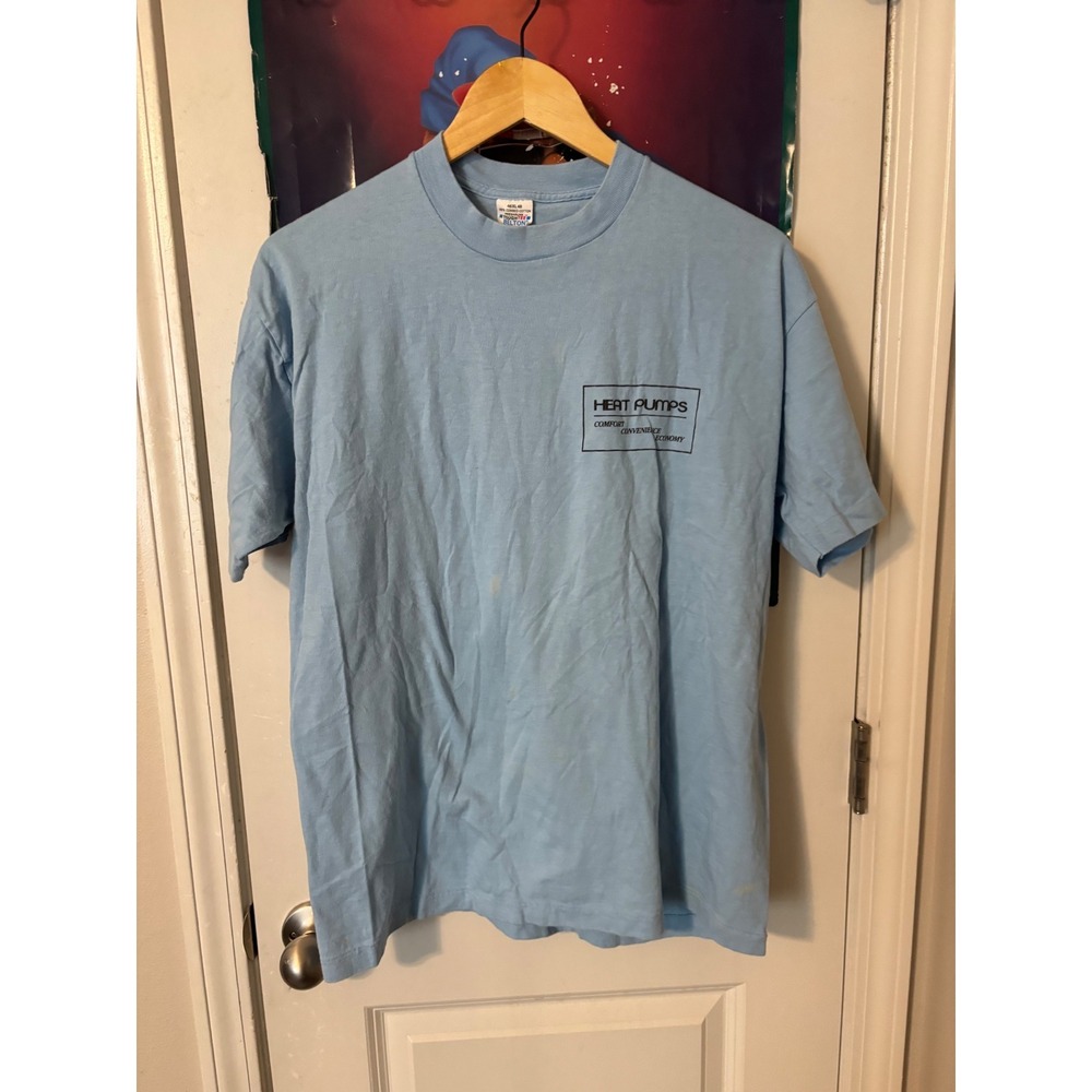 Vintage Belton Tough Tee Duke Power Heat Pump T-Shirt Mens XL Light Blue 80s 90s